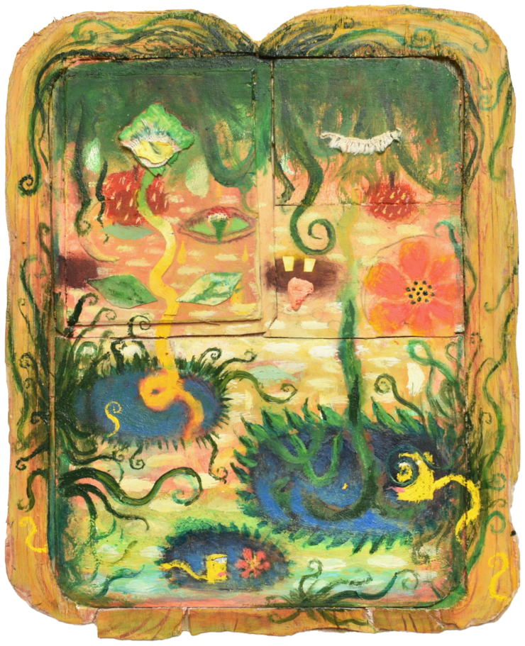 They Cradle Swamp, 2025 Oil, acrylic, pastel, graphite and canvas on plywood 10 1/2 x 8 1/2 inches