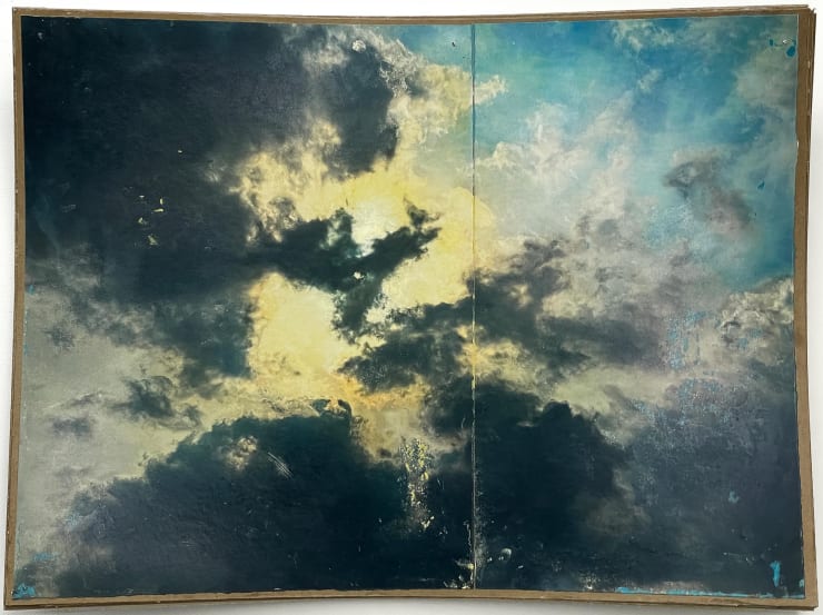 concave interrogation II, 2025 Ultrachrome K3 Epson ink jet prints on gelatin hand-coated paper, acrylic paint, wheat paste and PVA glue, fiber board varnish, wax 27 1/2 x 37 x 4 inches