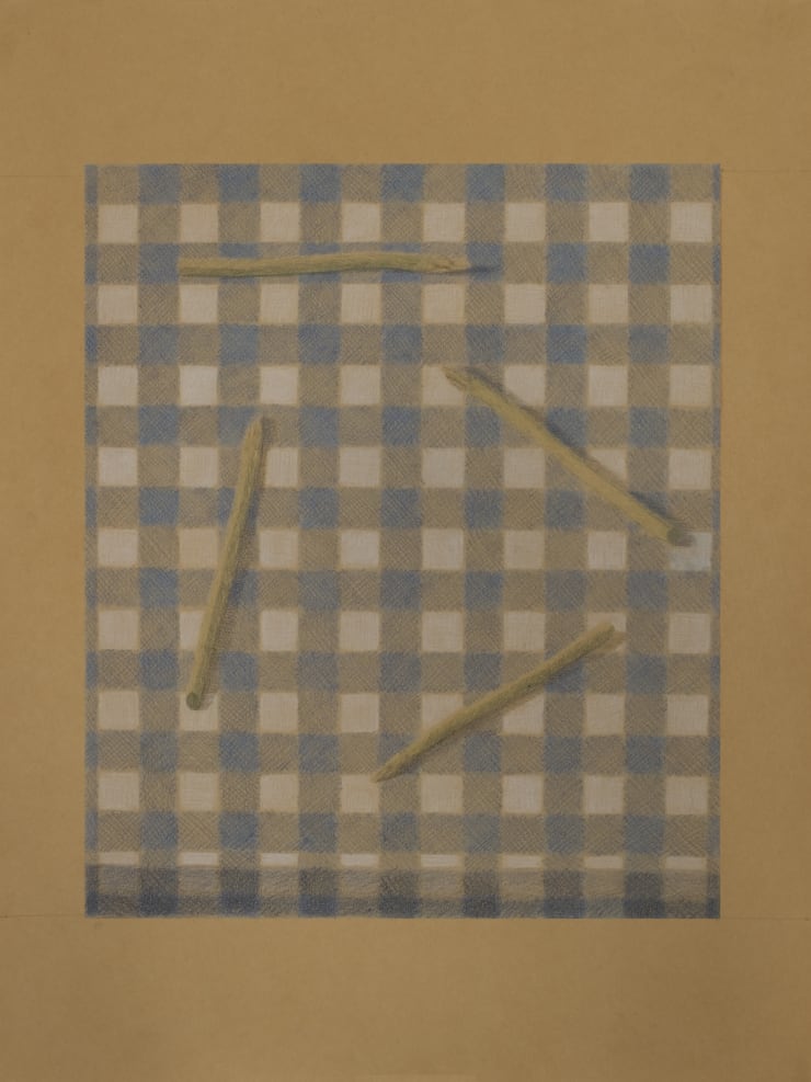Johnny Izatt Lowry, 4 Pieces of Asparagus, on a Gingham Table, 2021