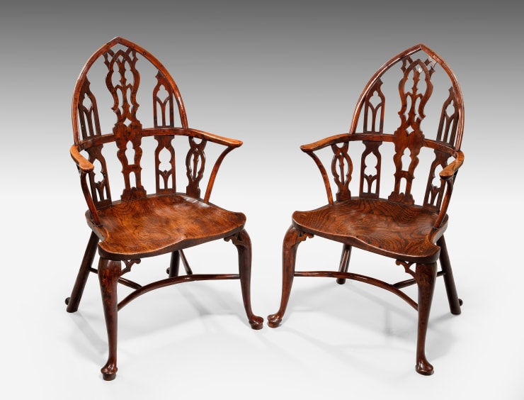 Pair of George II Yew, Elm and Ash Gothic Windsor Armchairs Thames Valley
