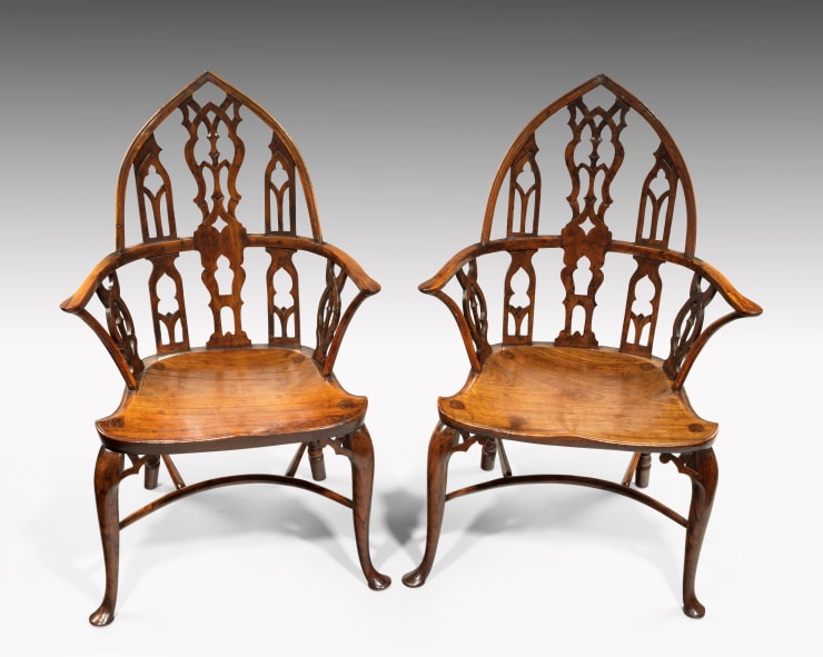Pair of George II Yew Gothic Windsor Armchairs