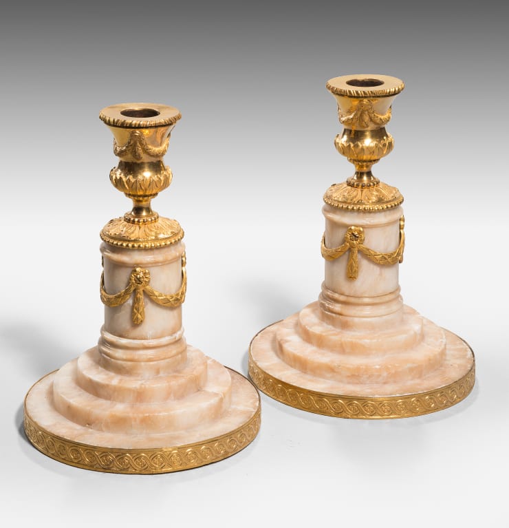 Pair of Ormolu Mounted Nottinghamshire Alabaster Candlesticks by Matthew Boulton