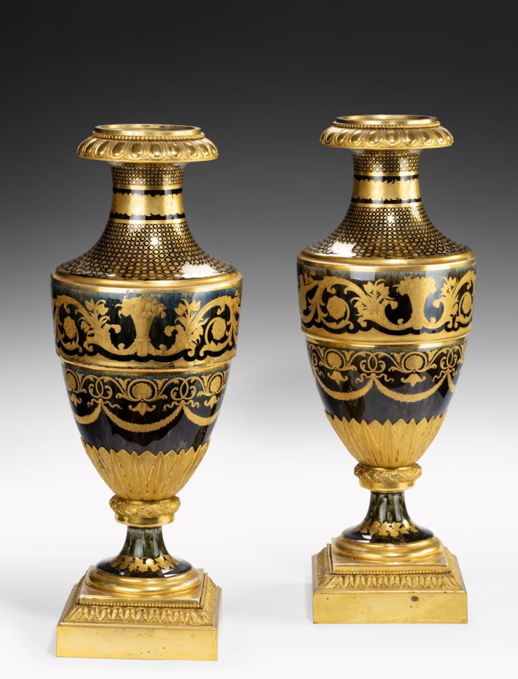 Pair of Ormolu-Mounted Agate Ground Porcelain Vases