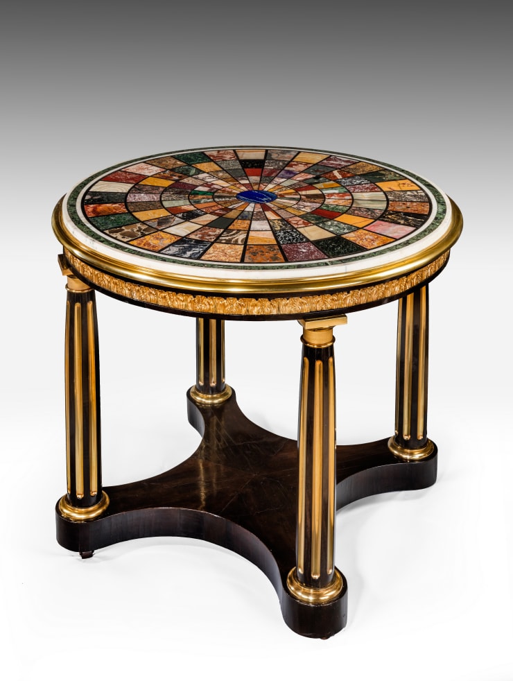 Coulborn antique George IV Gilt-bronze Mounted Ebony Centre Table with original Roman specimen marble top Morel & Hughes