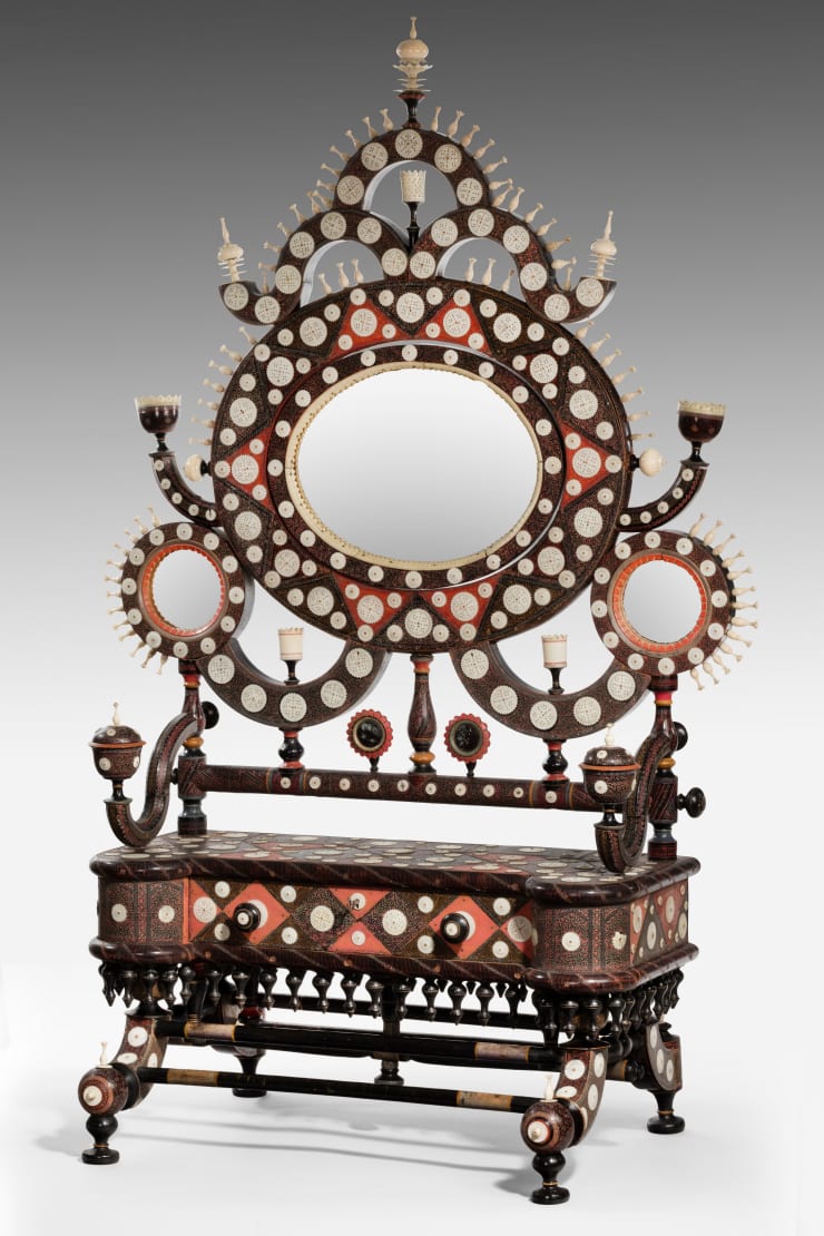 Anglo-Indian Ivory Mounted and Incised Lacquer Dressing Mirror