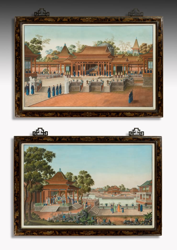 Pair of Chinese Export Gouaches depicting ‘The Emperor of China and his Court’ and ‘The Gardens and Pavilions of the Empress of China’ CHINESE EXPORT