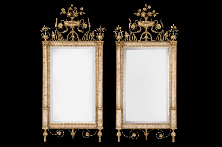 A Pair of Spanish Neoclassical Gilt-Gesso and Pink Marble Bilbao Wall Mirrors