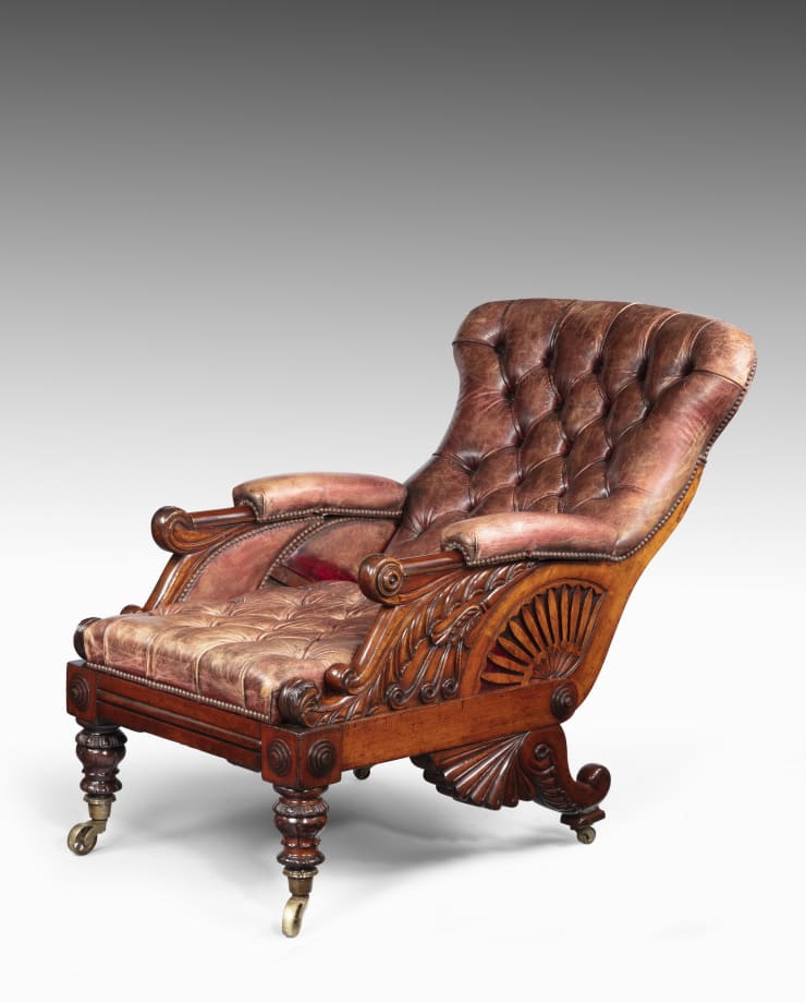 Coulborn antique carved mahogany reclining library chair William Smee
