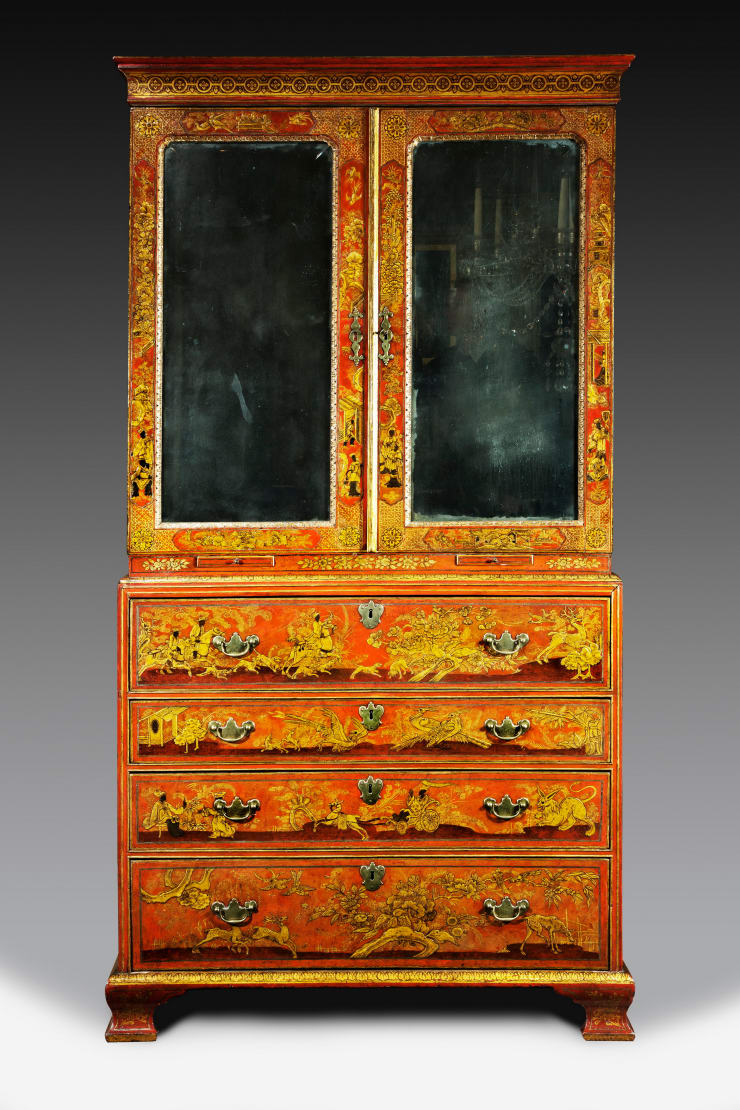 Coulborn antiques George II Scarlet Gilt-japanned Secretaire Cabinet Giles Grendey Lazcano