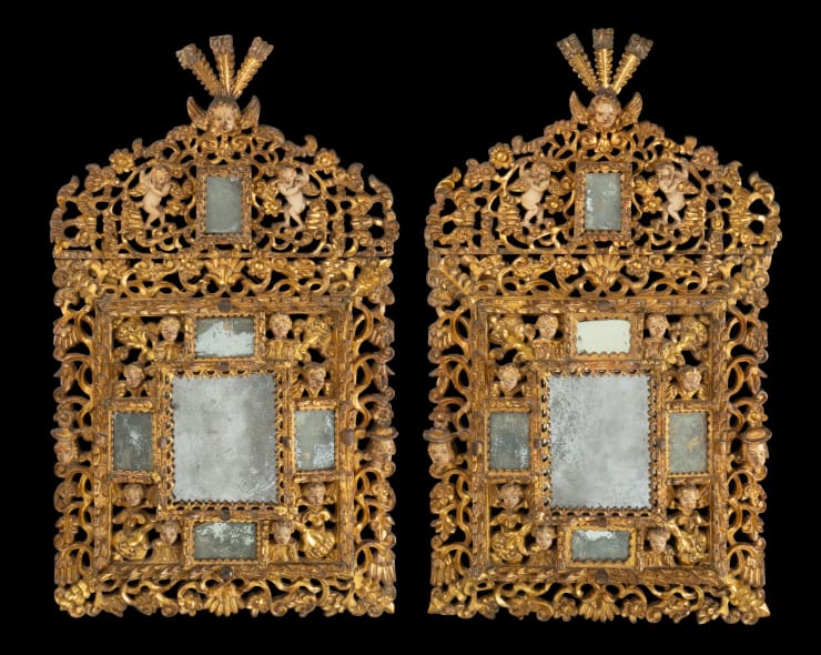Pair of Spanish Colonial Carved Giltwood and Polychrome Baroque Frames