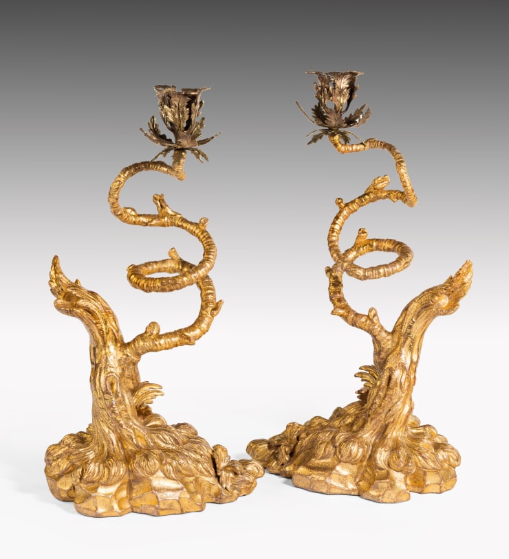 Pair of George III Carved Giltwood and Wrapped Wire Candlesticks In the manner of Thomas Johnson