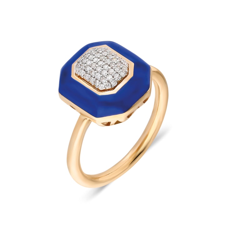 Terzihan Fizzy: Blue Enamel Square Ring 18K Rose Gold ring with 0.15 ct F VS pavé-set diamonds and genuine parliament blue enamel work.