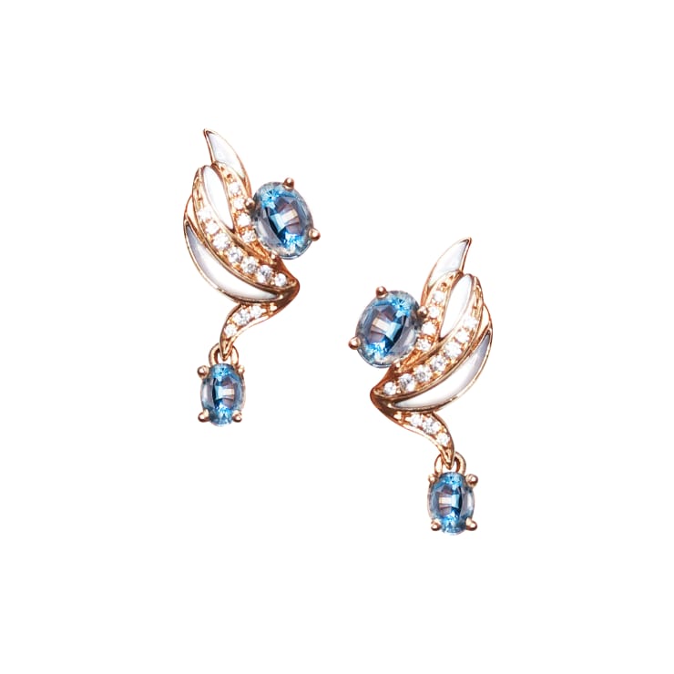 Simone Birds in Poetry: Wings of Hope Aquamarine : 2 - 0.56 carat Aquamarine : 2 - 0.24 carat Diamonds : 28 - 0.10 carat White Mother of Pearl : 6 - 0.42 carat 18k Rose Gold