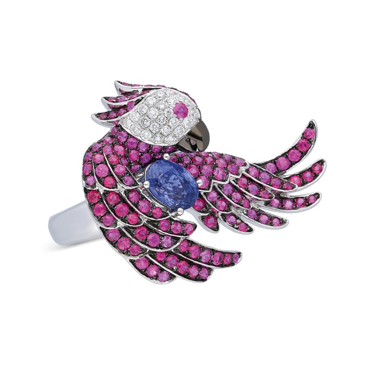 Terzihan Kameleona: The Ruby Parrot Ring w/Sapphire Limited Edition 18k White Gold Ring with 0.90 cts of White Diamonds, 2.70 cts of natural rubies and 1.88 cts of natural sapphire originally from Ceylon area.