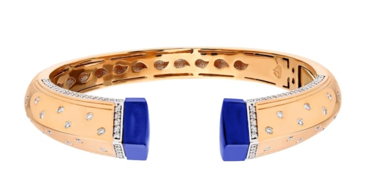 Terzihan Neutra: Balance Bracelet w/Lapis Lazuli 18K Rose Gold solid bracelet with triangular cut natural Lapis Lazuli, 3.05 cts FVS Diamonds invisible and American setting.