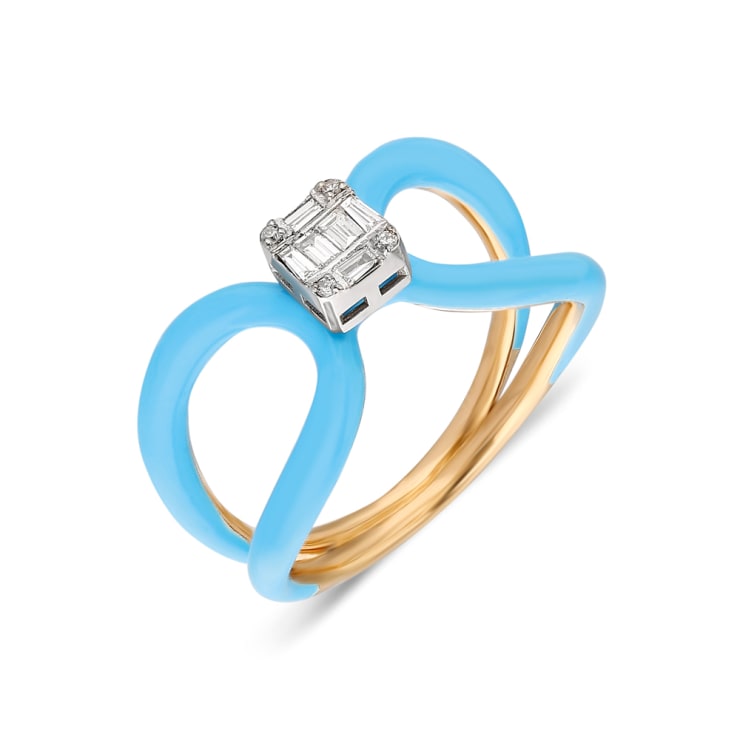 Terzihan Fizzy: Twisted Ring with Turquoise Enamel 18K Rose Gold ring with twisted branches in genuine turquoise enamel work, complemented with 0.15 ct F VS baguette and round shape diamonds.