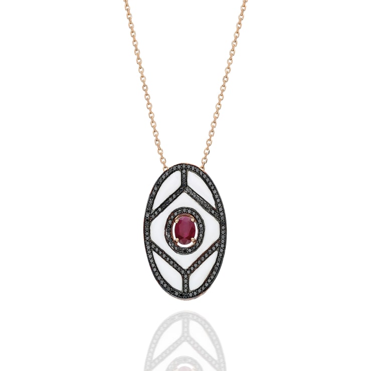 Terzihan, Fizzy: Protect Pendant w/ White Enamel & Black Diamonds & Ruby