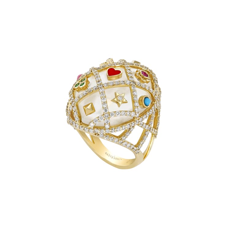 Aisha Baker Holiday XO: Cupola 9.43 gr - 18kt Yellow gold with Rock crystal (transparent 15.012cts), diamond (1.92cts) , ruby, emerald, sapphire, turquoise (0.02cts combined)