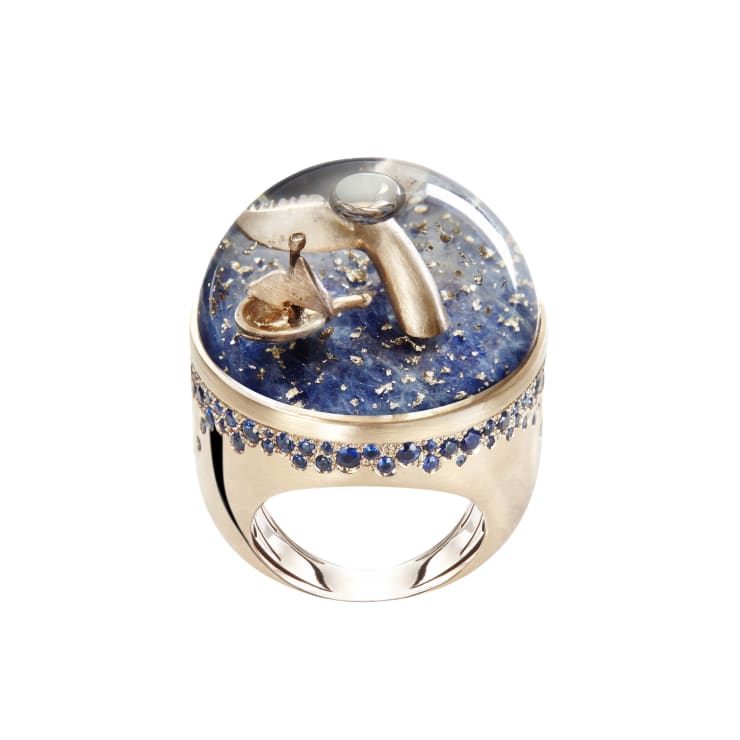Dreamboule Lively & Lovely: Whale and Boat 18K rose gold, blue sapphires, natural blue sapphire, 24K rose gold flakes Classic Line 28 mm, Size 7.5 US