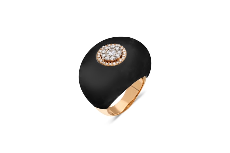 Terzihan Neutra: Neutra Dome Ring w/Black Onyx 18K Rose gold dome ring with White Diamonds: 0,35ct, F Color VS Clarity and a special cut Matte Black Onyx.