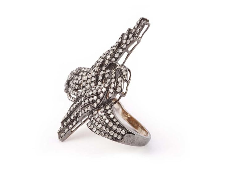 Jade Jewellery BY GEMCO Yellow gold double feather ring with silver and diamonds Diamonds 2.26 ct