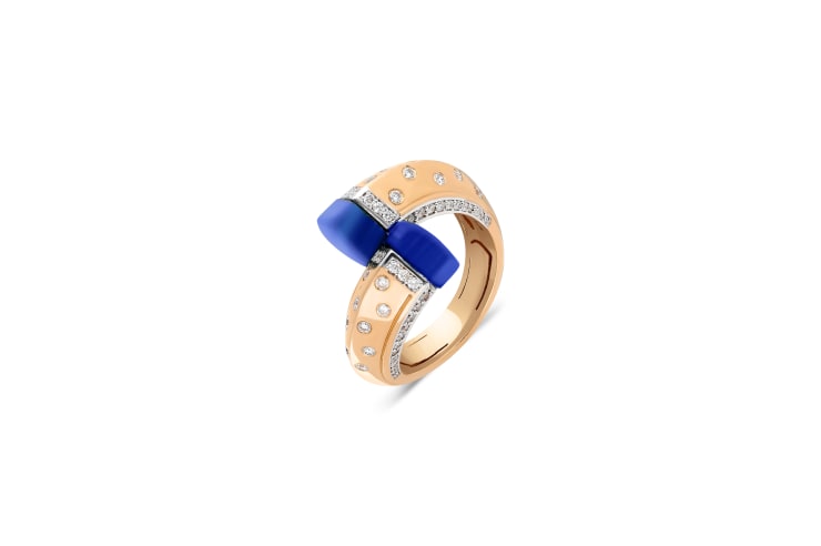 Terzihan Neutra: Balance Ring w/Lapis Lazuli 18K Rose Gold ring with triangular cut natural Lapis Lazuli 0.55 cts FVS Diamonds invisible and American setting.