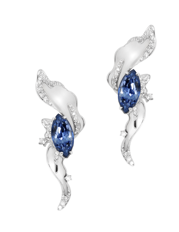 Simone Bombshell: Reach for the Stars Earrings "Blue Sapphire : 2 - 1.283 carats Diamonds : 68 - 0.30 carat White Quartz : 4 - 2.77 carats 18k White Gold" 30mm (H) x 10mm (W)