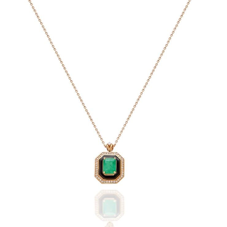 Terzihan Fizzy: Gemstone Pendant with Colombian Emerald 18K Rose Gold Pendant with 2.08 ct natural emerald with Colombian origin, 0.25 ct F VS diamonds, genuine black enamel work.