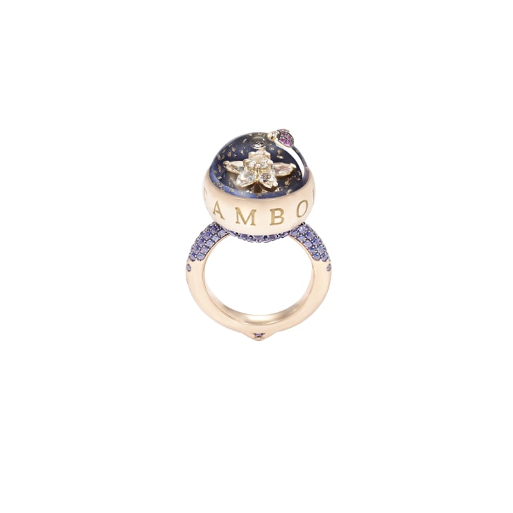 Dreamboule Lively & Lovely: Bloom 18K rose gold, white diamonds, blue sapphires, blue sapphire base, 24K rose gold flakes Bubble Line 16 mm, Size 7 US