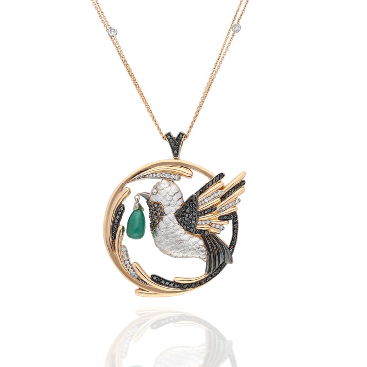 Terzihan Kameleona: The Emerald Hummingbird Medallion Limited Edition 18K Rose and White Gold Medallion (6,5 cm diameter approx.) with 0.38 cts of white, 1.94 cts of black diamonds, and 3.90 cts all natural Zambian Emerald. The medallion is complemented with 75 cm long Double Gigi Chain. Production limited to 5 pieces.