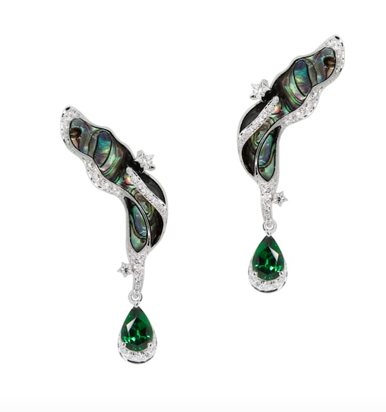 Simone Bombshell: Reach for the Stars Earrings "Chrome Tourmalines : 2 - 0.70 carat Diamonds : 66 - 0.47 carat Abalone Shell : 4 - 4.922 carats 18k White Gold" 32mm (H) x 15mm (W)