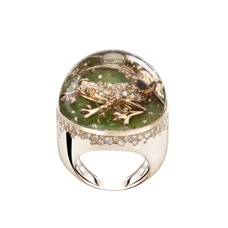 Dreamboule Lively & Lovely: Frog and Grasshopper 18K rose gold, white diamonds, champagne diamonds, green imperial jade, 24K rose gold flakes Classic Line 28 mm, Size 7.5 US