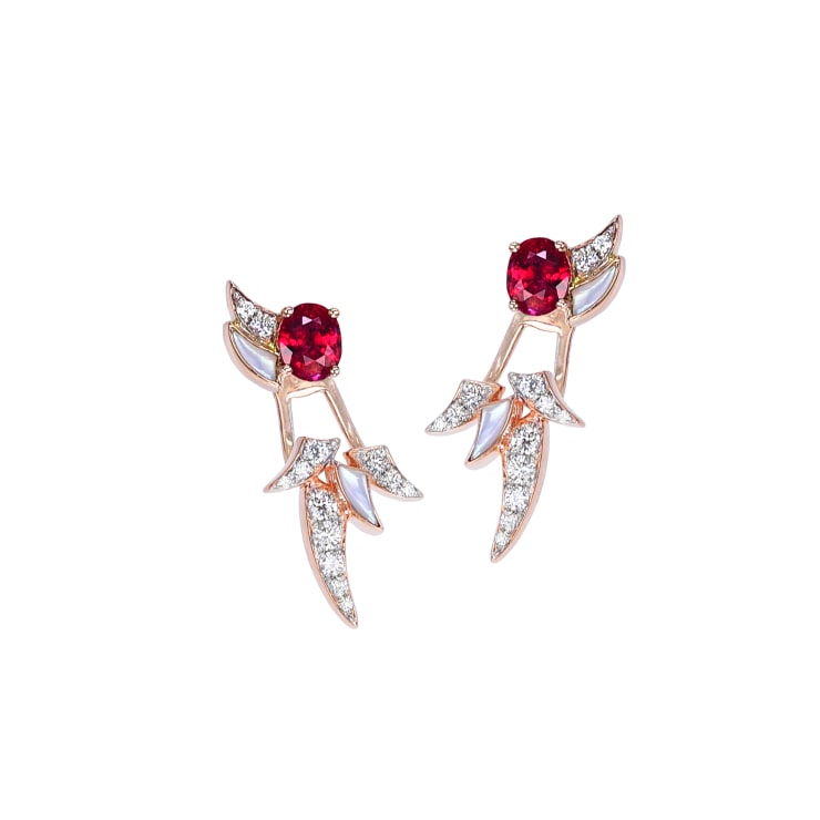 Simone Birds in Poetry: Path of Love Certified Unheated Vivid Red Ruby : 2 - 0.97 carats Diamonds : 26 - 0.263 carat White Mother of Pearl : 4 - 0.314 carat 18k White Gold