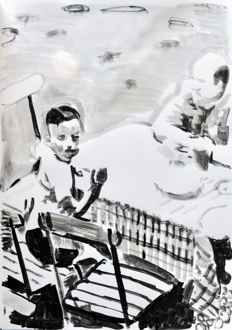 Tim Braden, ink on paper - boy with check tablecloth, 2019