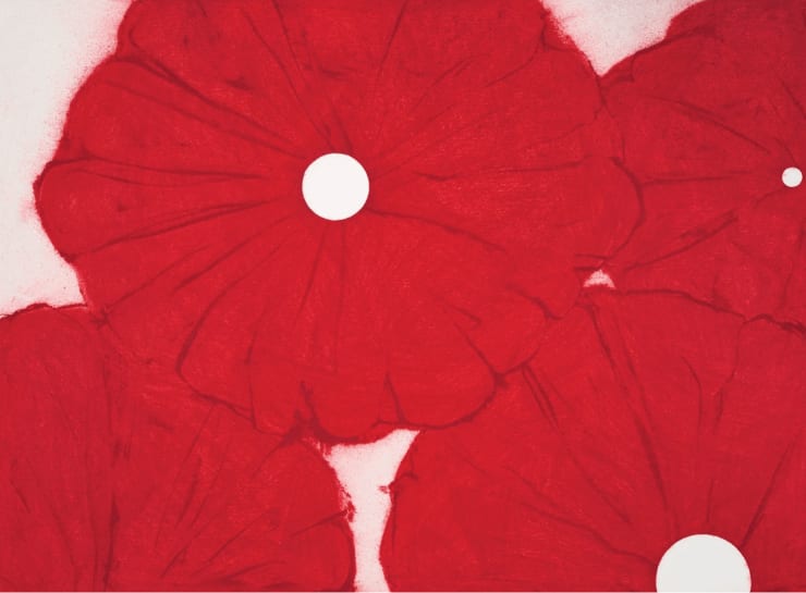 Donald Sultan Four Red Poppies April 24, 2024 DS, 2024 Archival pigment ink on Innova Etching Cotton Rag 315 gsm fine art paper 42 x 57 in 106.7 x 144.8 cm Edition of 35 Signed & Dated