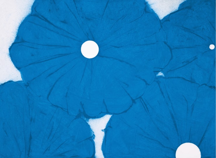 Donald Sultan Four Blue Poppies April 24, 2024 DS, 2024 Archival pigment ink on Innova Etching Cotton Rag 315 gsm fine art paper 42 x 57 in 106.7 x 144.8 cm Edition of 35 Signed & Dated