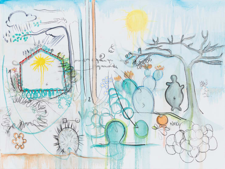 Fabrice Hyber Maison organique , 2023-24 oil, charcoal and resin on canvas 150 x 200 x 2.5 cm