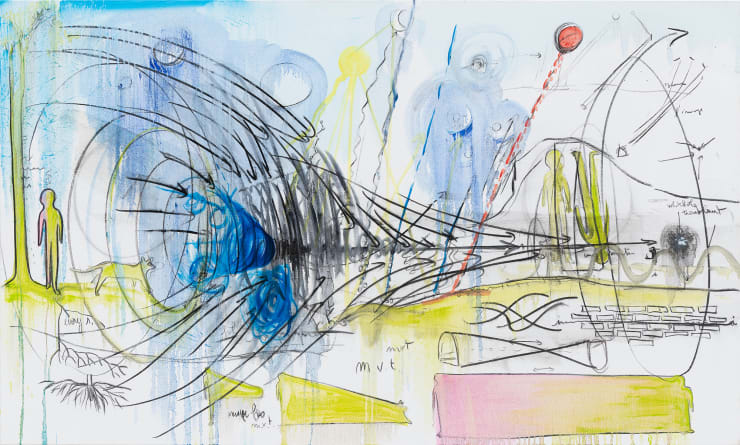 Fabrice Hyber Entre les planètes- trou blanc, 2023-24 oil, charcoal and resin on canvas 120 x 200 x 2.5 cm