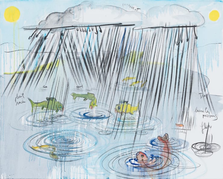 Fabrice Hyber Laver les poisons , 2024 oil and charcoal on canvas 120 x 150 x 2.5 cm