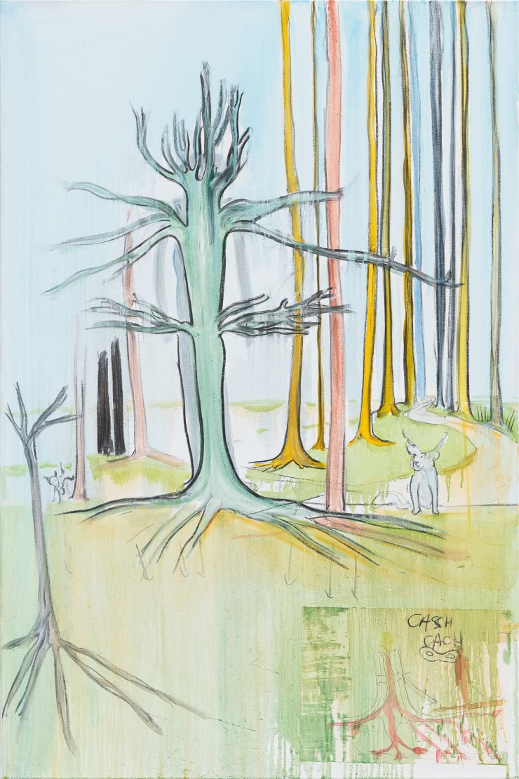 Fabrice Hyber Cache cache , 2024 oil, charcoal and paper on canvas 120 x 80 x 2.5 cm