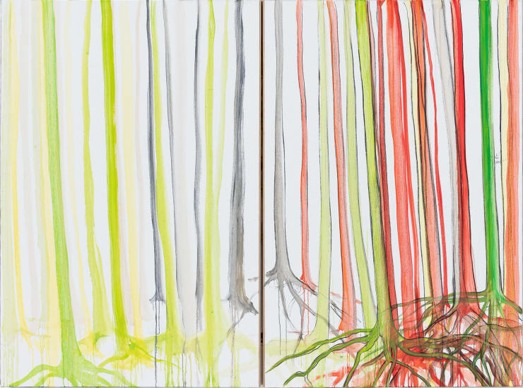 Fabrice Hyber Le voix de la vallée et de la forêt, 2024 oil, charcoal, resin, canvas and wood 202.3 x 150 x 6 cm closed 405.5 x 150 x 6 cm open