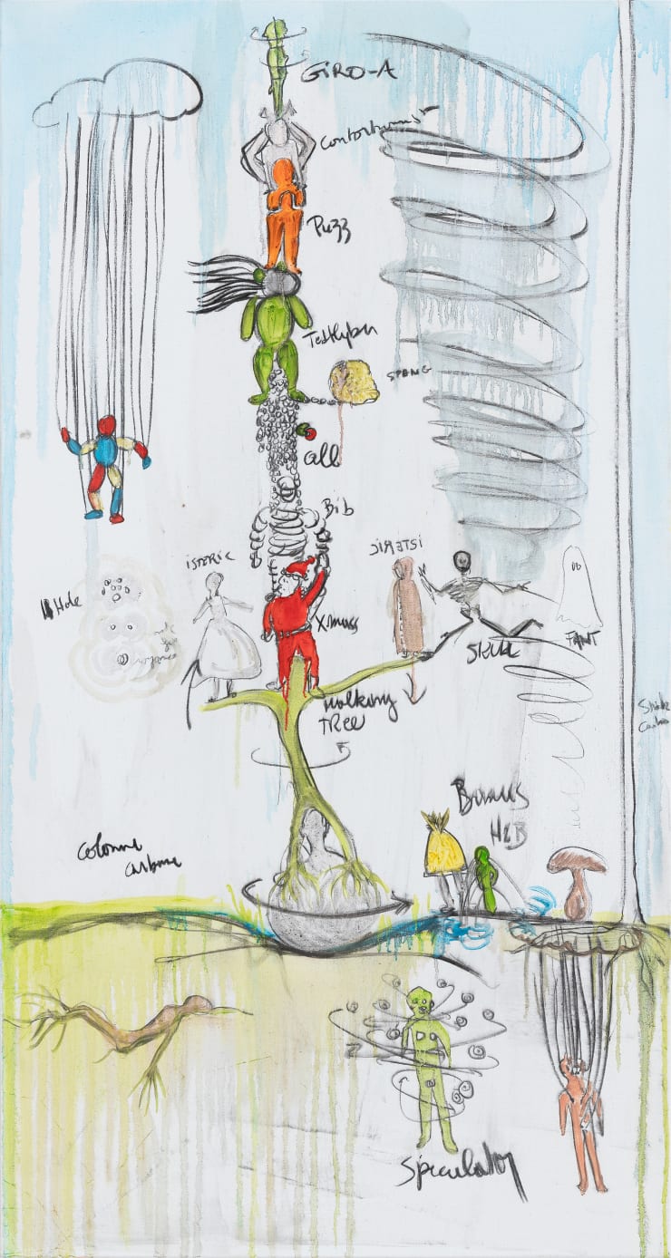 Fabrice Hyber Hyber heroes circus , 2024 oil, charcoal and resin on canvas 150 x 80 x 2.5 cm