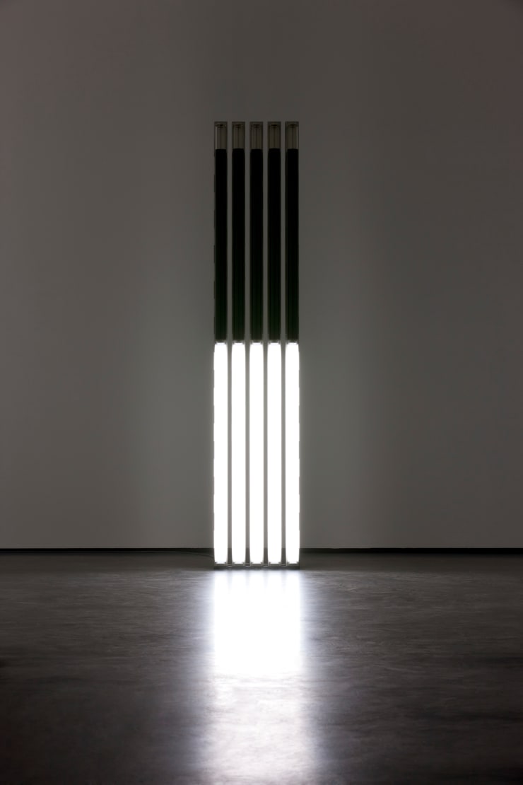 ANDREI MOLODKIN Vertical of Power, 2013 acrylic tubes filled with crude oil, fluorescent tubes 245 x 45 x 16 cm