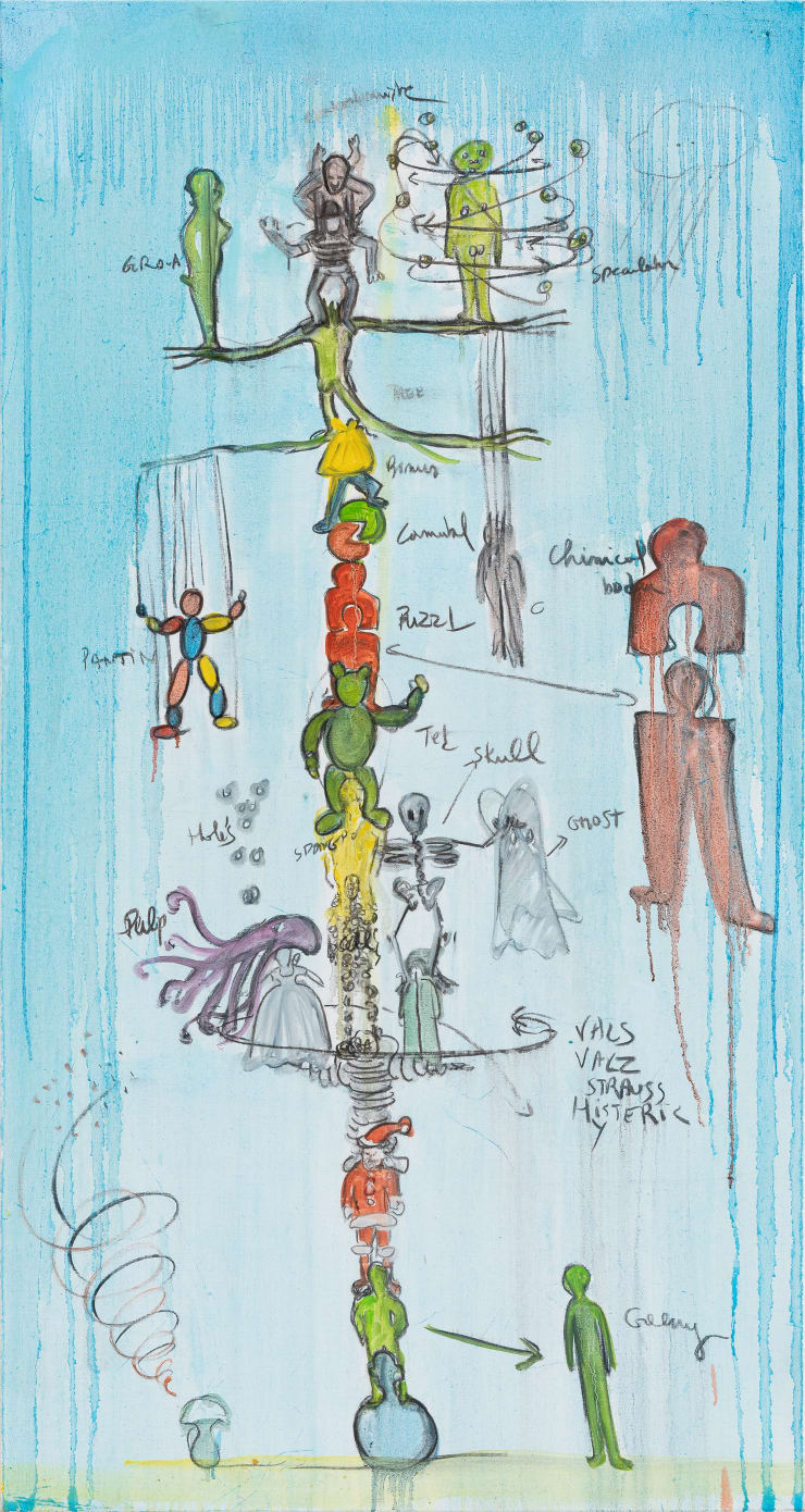 Fabrice Hyber Hyber héros totem , 2023 oil, charcoal and resin on canvas 150 x 80 x 2.5 cm