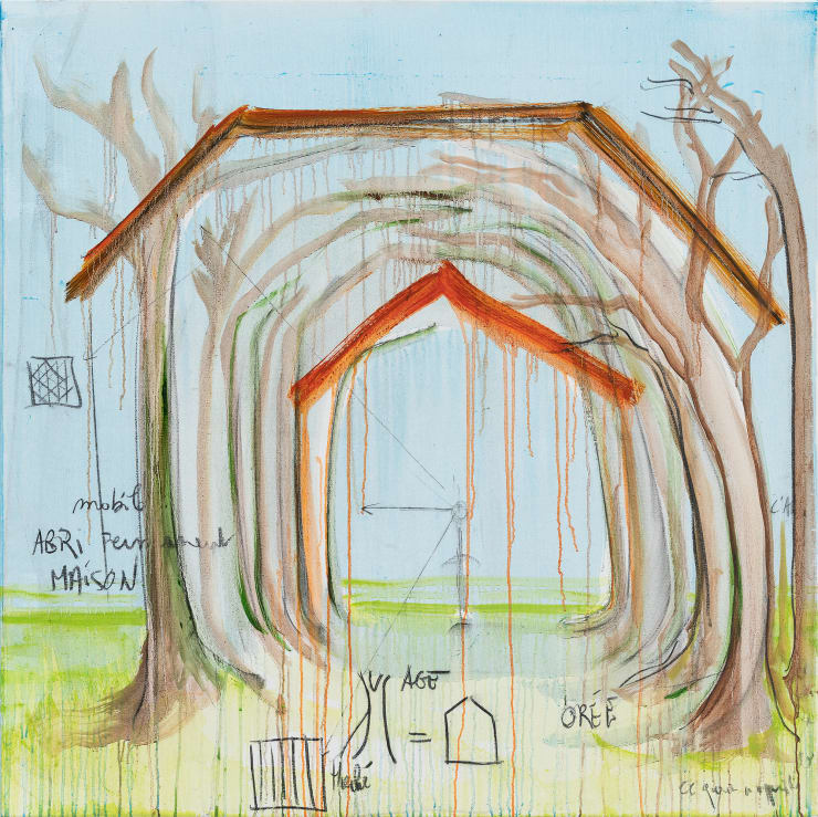 Fabrice Hyber Abri , 2020 oil, charcoal and resin on canvas 120 x 120 x 2.5 cm