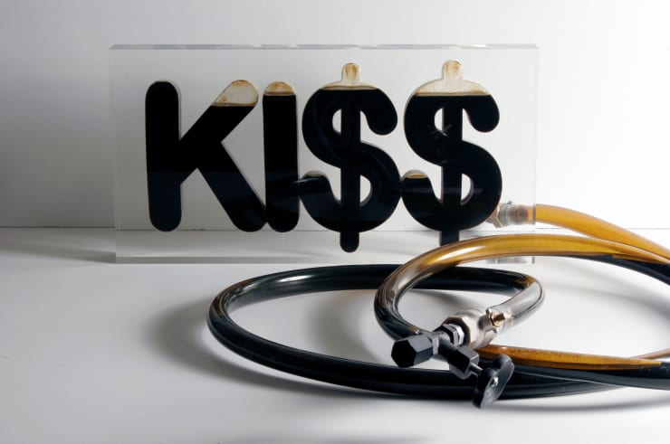 ANDREI MOLODKIN KI$$ (Ed. AP), 2007 acrylic block and pipes filled with crude oil 32 x 68 x 9 cm