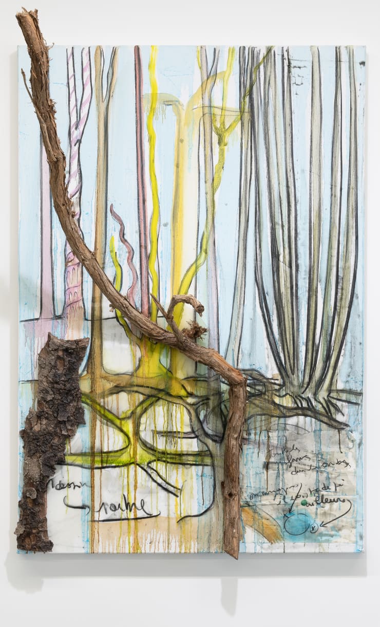 Fabrice Hyber 1 dessin 1 arbre, 2022 oil, charcoal, resin and branche on canvas 130 x 90 x 47 cm