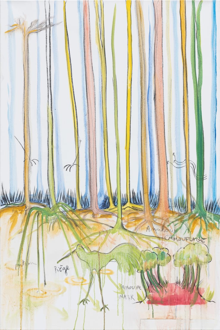 Fabrice Hyber Camouflage , 2024 oil, charcoal and paper on canvas 120 x 80 x 2.5 cm