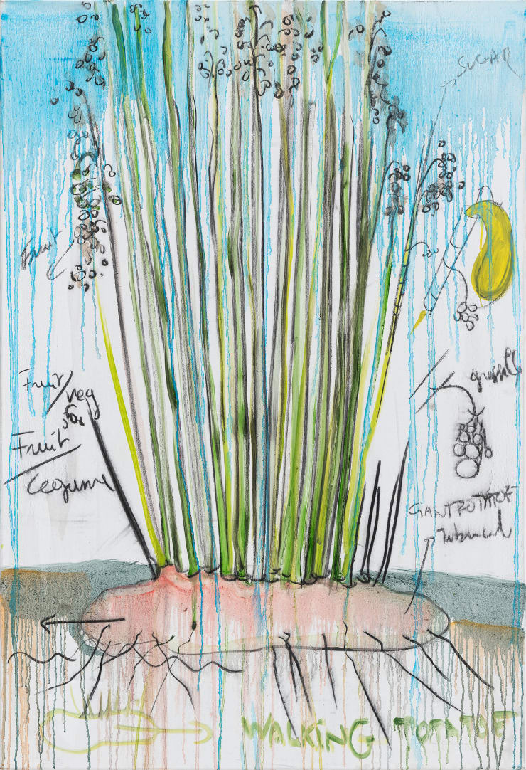 Fabrice Hyber Walking potatoe, 2022 oil, charcoal and resin on canvas 130 x 90 x 2.5 cm