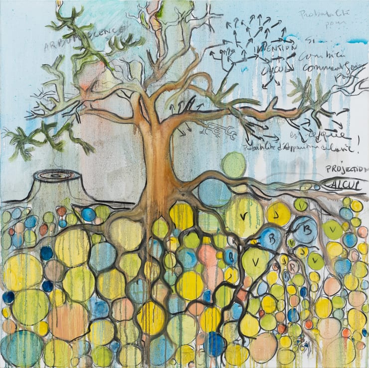 Fabrice Hyber L’invention mathématique , 2020 oil, charcoal and resin on canvas 120 x 120 x 2.5 cm